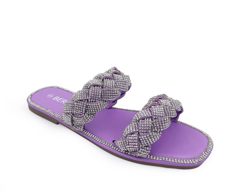 Berness Maddy Purple Double Strap Braided Rhinestone Flat Sandals