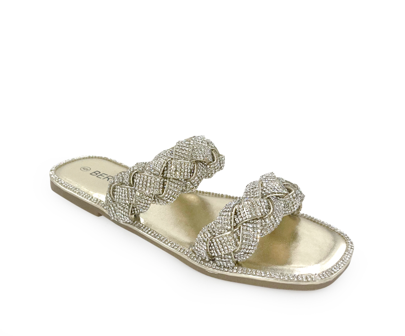 Berness Maddy Gold Double Strap Braided Rhinestone Flat Sandals