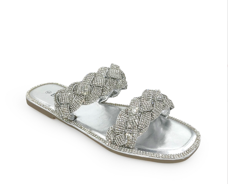 Berness Maddy Silver Double Strap Braided Rhinestone Flat Sandals