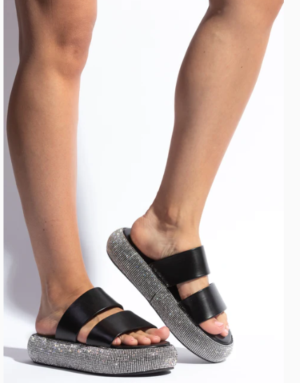 Mata Shoes Boyfriend Black Double Strap Rhinestone Platform Sandals
