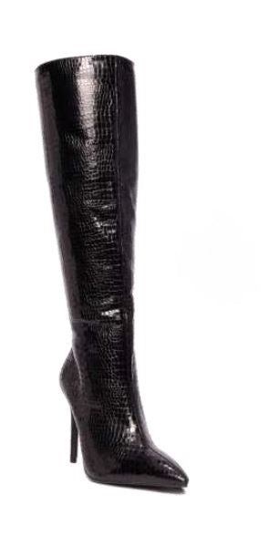 Mata Shoes Starships Black Closed Pointed Toe Stiletto Under the Knee Boot