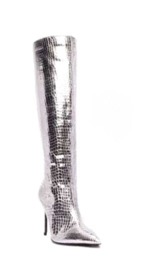 Mata Shoes Starships Silver Closed Pointed Toe Stiletto Under the Knee Boot
