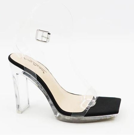 Anne Michelle Jumpstart-03 Black Clear Square Toe Ankle Strap Heels