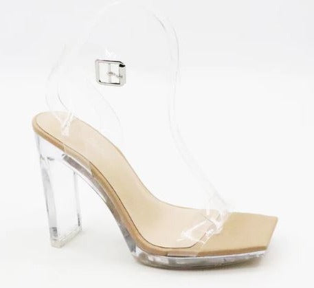Anne Michelle Jumpstart-03 Nude Clear Square Toe Ankle Strap Heels