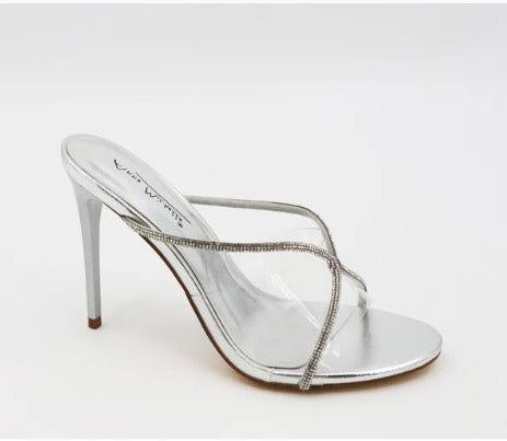 Anne Michelle Showy-24 Silver Rhinestone Sparkling Strap Clear Band Slide Heels