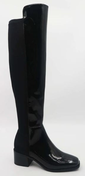 Bamboo Essential-02 Black Crinkle Pat Over The Knee Boot