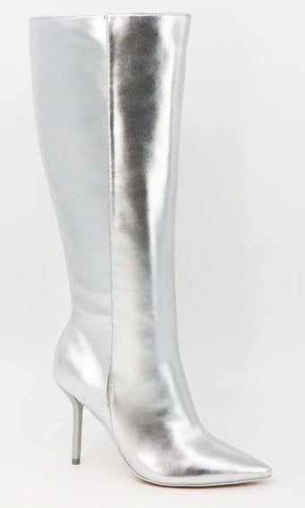 Bamboo Flora-31 Silver Pointed Toe Knee High Boot