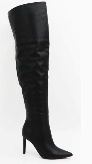 Bamboo Herbage-29 Black Crinkle Pu Stiletto Pointy Toe Thigh High Sock Boots