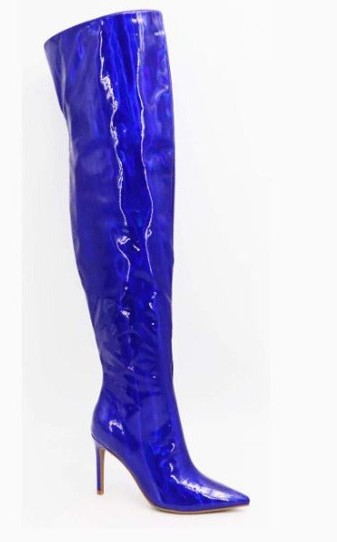 Bamboo Herbage-29 Blue Patent Pu Stiletto Pointy Toe Thigh High Boots