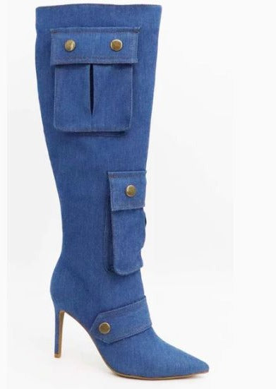 Bamboo Herbage-36 Blue Denim Stiletto Pointy Toe Pocket Knee High Boots