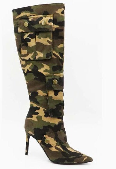 Bamboo Herbage-36 Camo Stiletto Pointy Toe Pocket Knee High Boots
