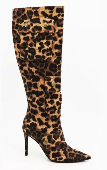 Bamboo Herbage-36 Leopard Stiletto Pointy Toe Pocket Knee High Boots