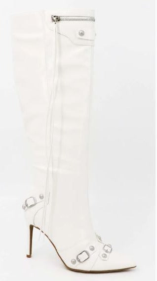 Anne Michelle Herbage-52 White Knee High Boots With Hardware Detailing Boots