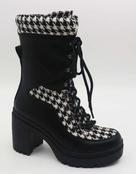 Bamboo Regal-19 Black/White Lace Up Lugsole Bootie