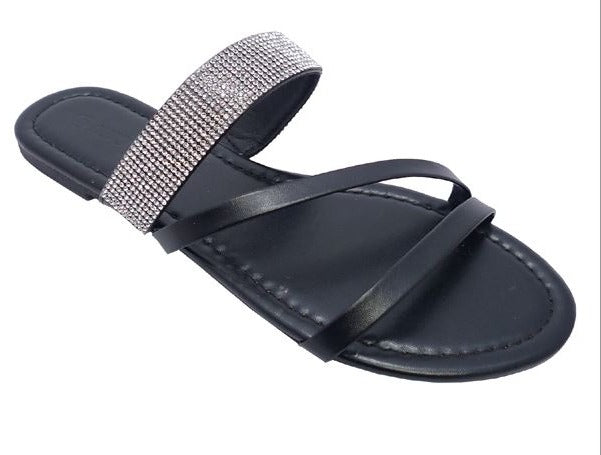 Wild Diva Bellen-104 Black Triple Strap Flat Sandals With Rhinestone Detailing