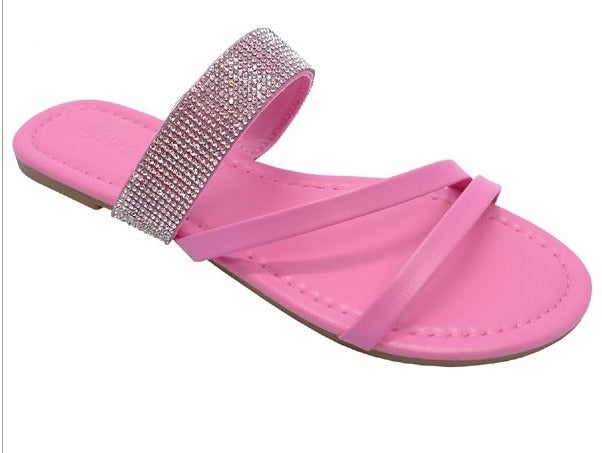 Wild Diva Bellen-104 Pink Triple Strap Flat Sandals With Rhinestone Detailing