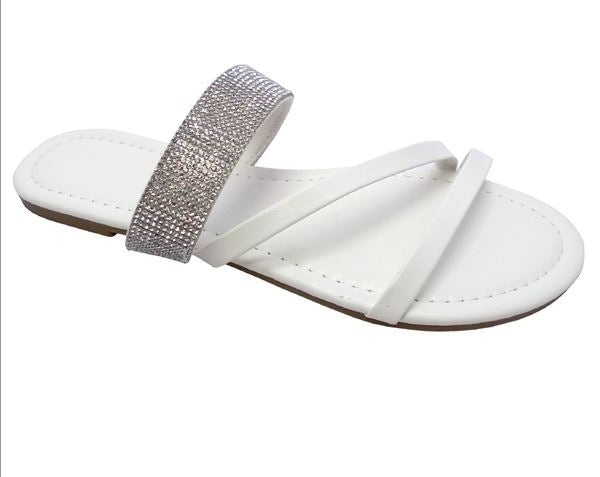 Wild Diva Bellen-104 White Triple Strap Flat Sandals With Rhinestone Detailing