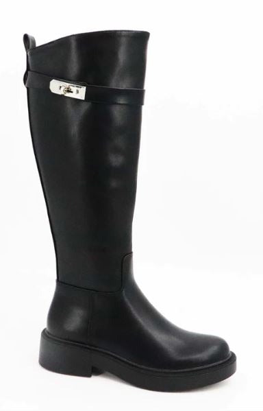 Bamboo Clyde-03 Black Crinkle Knee High Combat Boots