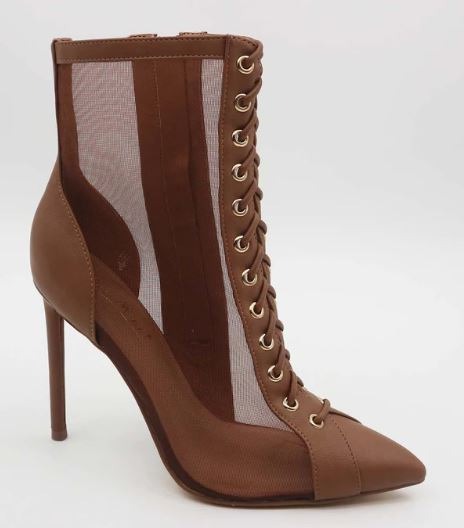 Bamboo Condition-75 Camel Women Stiletto Pointy Toe Corset Lace Up Mesh Booties