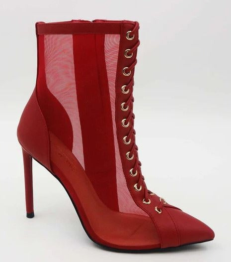 Bamboo Condition-75 Red Women Stiletto Pointy Toe Corset Lace Up Mesh Booties