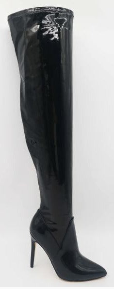 Bamboo Hibiscus-82 Black Stretch Patent Over The Knee Stiletto Heel Boots