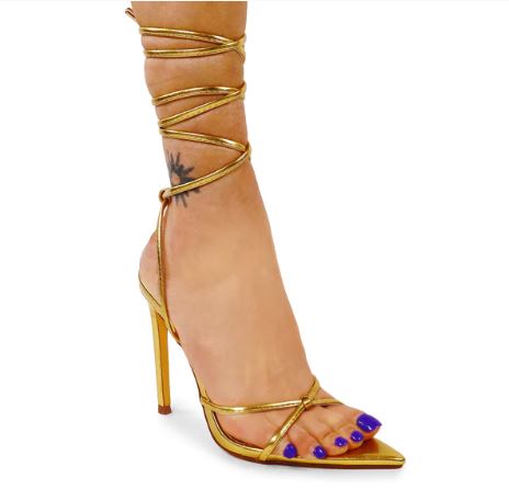 Liliana Laurent-123 Gold Strappy High Heel Stiletto Sandals with Ankle Wrap-