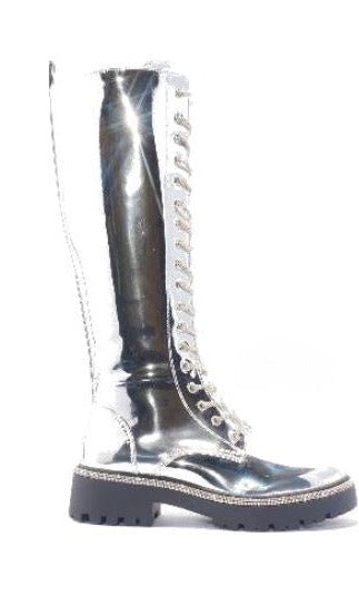 Mata Shoes Transform Silver Metallic Lace Up Rhinestone Boots
