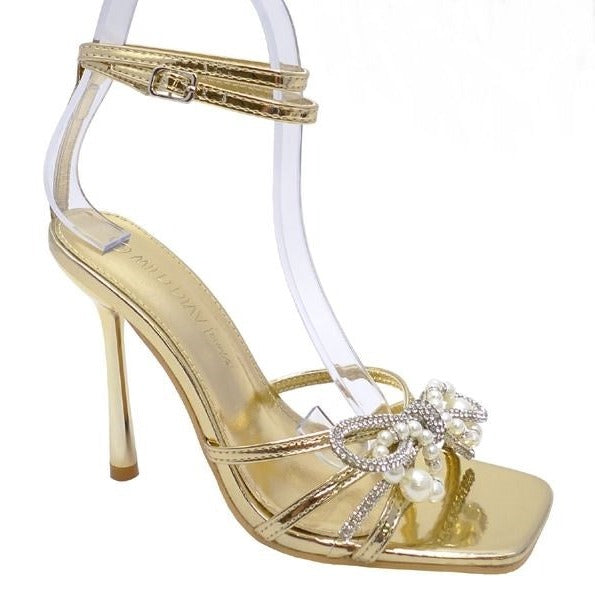Wild Diva Narala-25 Gold Square Open Toe With Bow and Pearl Detailing High Heels