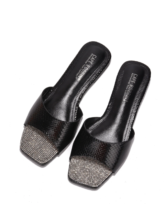 Cape Robbin Seya Black Square Open Toe Flat Metallic Sandals
