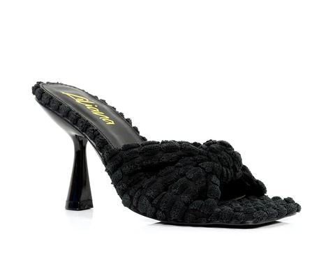 Liliana Tonka-1 Black Open Toe Velvet Knot Strap Slide Dress Heels
