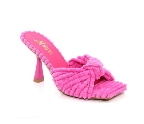 Liliana Tonka-1 Pink Open Toe Velvet Knot Strap Slide Dress Heels