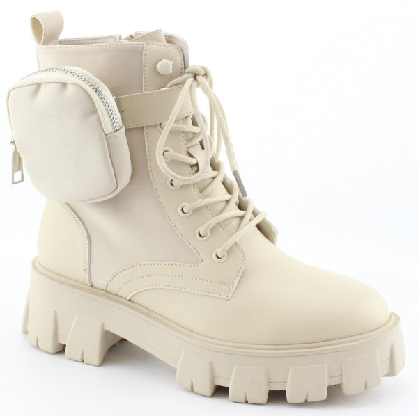 Nature Breeze Compact-01 Beige Pu Lug Platform With Side Pouch Bootie