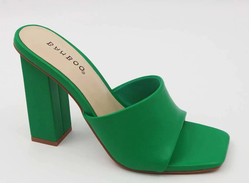 Bamboo Dreaming-12 Green Square Toe Mule With Heel