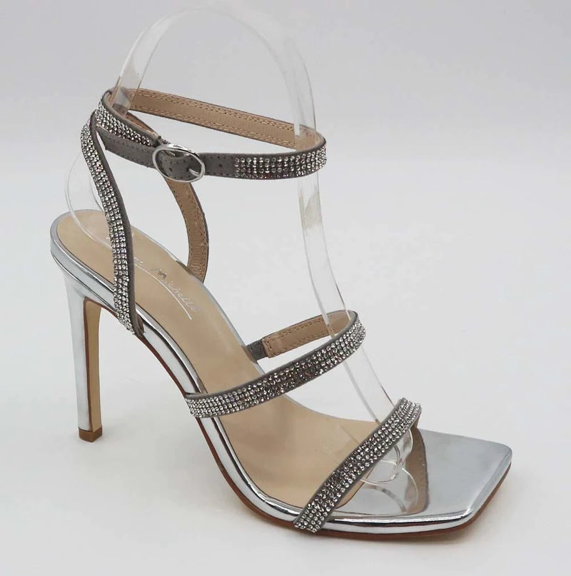 Anne Michelle Endless-40 Silver Patent Double Strap Rhinestone Heel