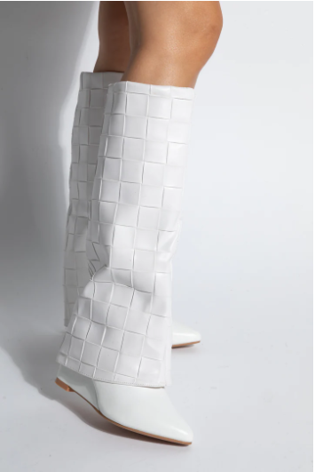 Mata Shoes Exclusive White Folded Over Thick Heeled Boots