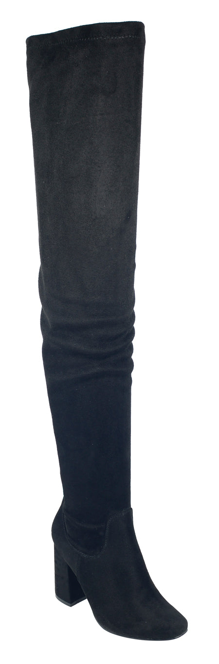 Nature Breeze Elantra-01TH Black Su Thigh High Chunky Heel Boot
