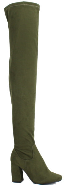 Nature Breeze Elantra-01TH Olive Su Thigh High Chunky Heel Boot