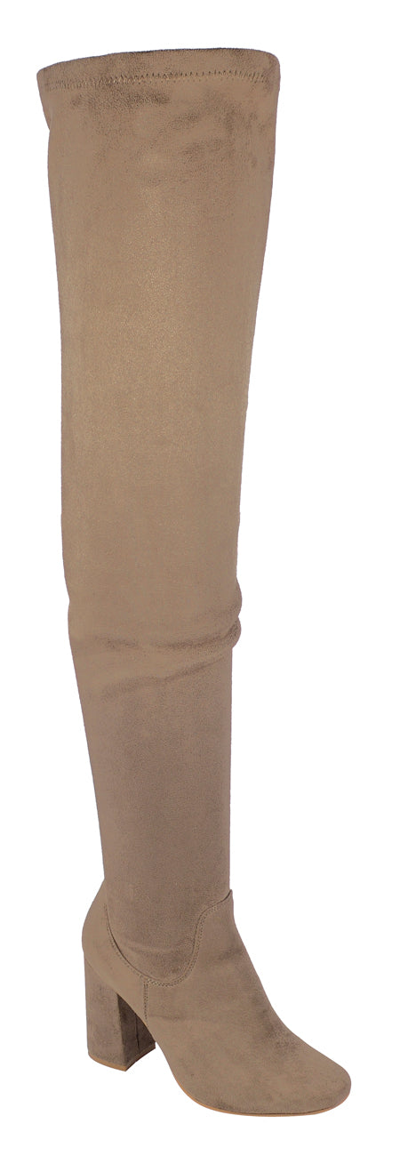 Nature Breeze Elantra-01TH Taupe Su Thigh High Chunky Heel Boot