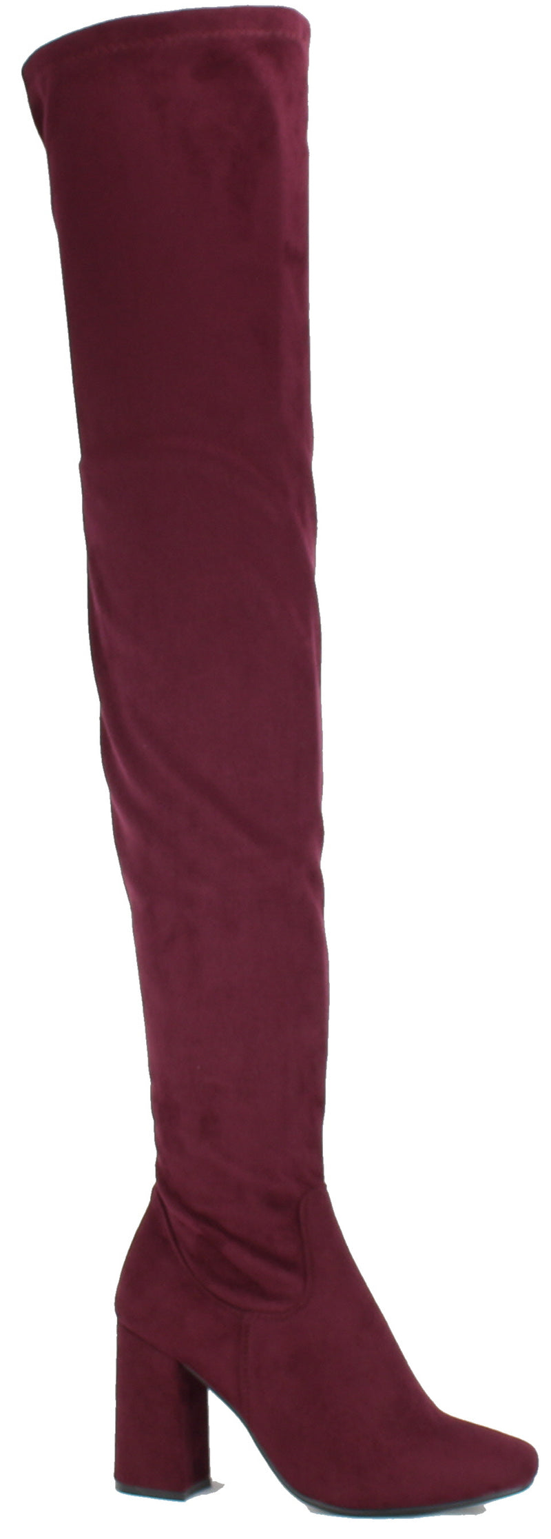 Nature Breeze Elantra-01TH Burgundy Suede Thigh High Chunky Heel Boot