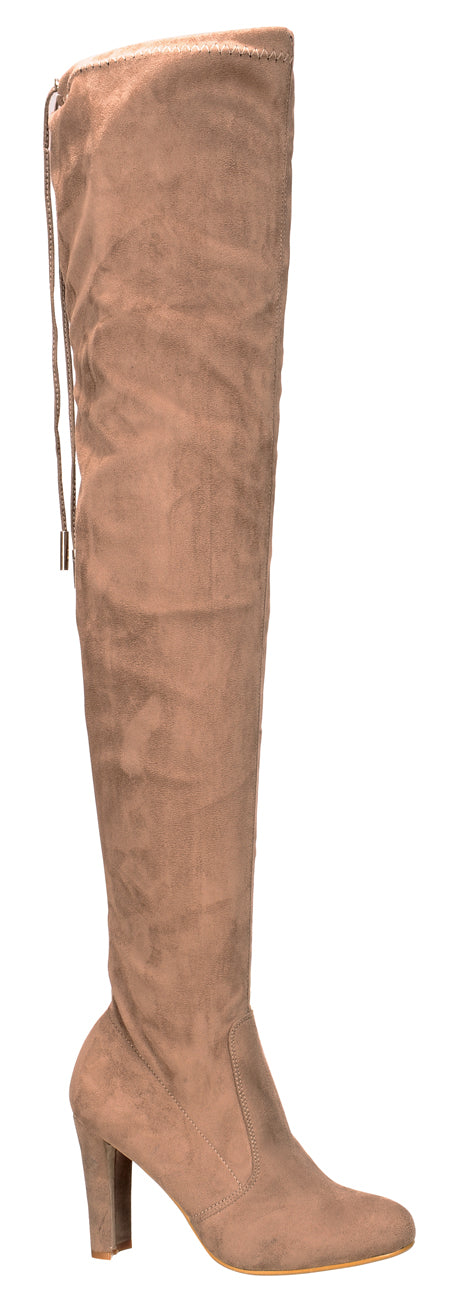 Nature Breeze Eve-01Th Taupe Suede Thigh High Chunky Heel Boot