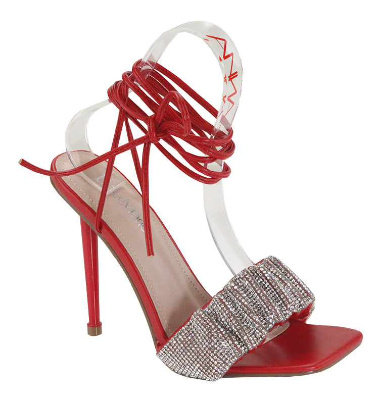 Bella Marie Fantasy-1 Red Open Toe Double Rhinestone Strap With Lace Up String Heel