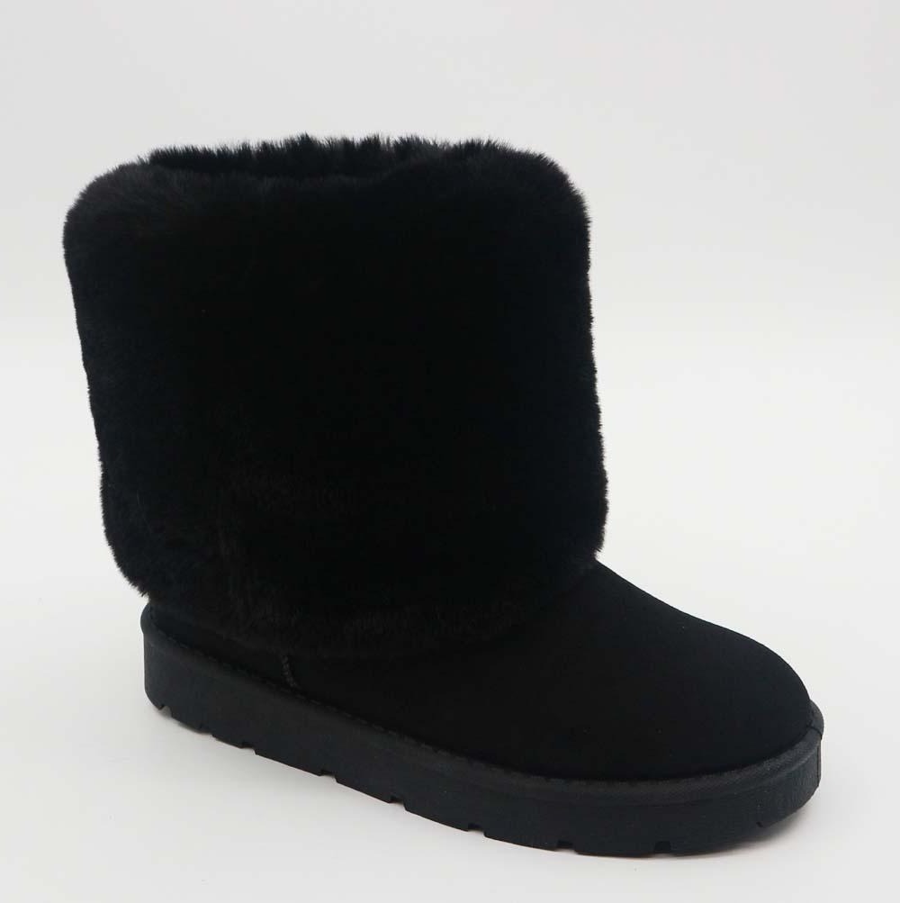 Bamboo Frozen-40 Black Furry Flat Winter Snow Boots