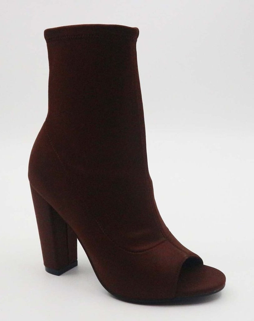 Bamboo Insanity-12 Brown Lycra Peep Toe Stretch Slip-On Bootie