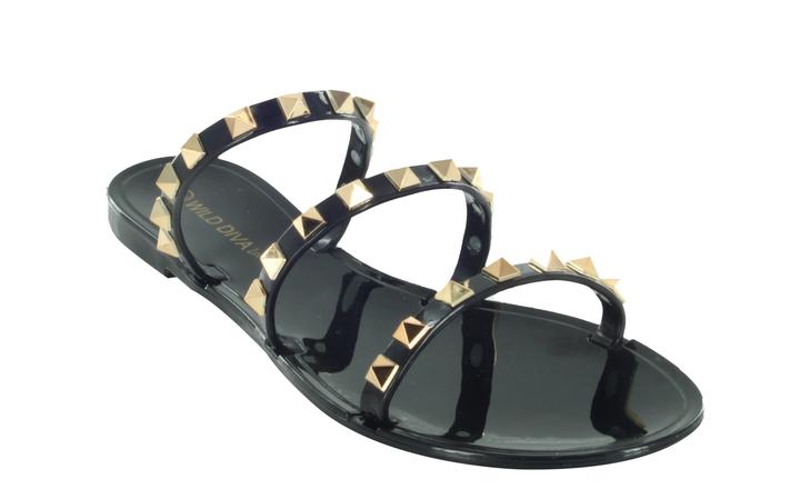 Wild Diva Joanie-211 Black 3 Strap Caged Sandal With Pointed Studs
