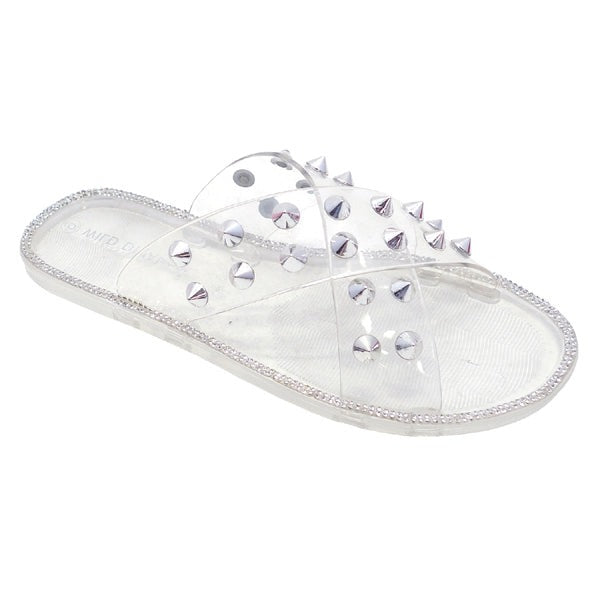 Wild Diva Joanna-08 Clear Double Strap Criss Cross Jelly With Spike Sandals