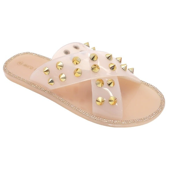 Wild Diva Joanna-08 Pink Double Strap Criss Cross Jelly With Spike Sandals