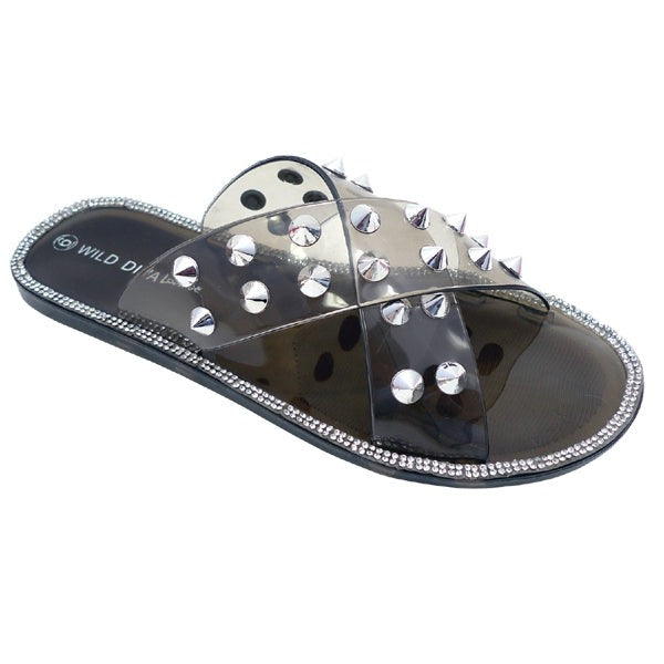Wild Diva Joanna-08 Smoke Double Strap Criss Cross Jelly With Spike Sandals