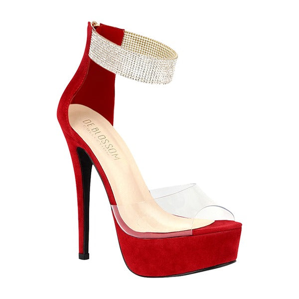 De Blossom Flora-21 Wine Suede With Clear Strap And Rhinestone Strap Heel
