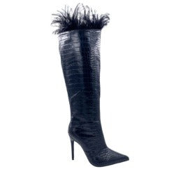 Berness Essie Black Pointed Toe Heeled Boot With Fur Outline