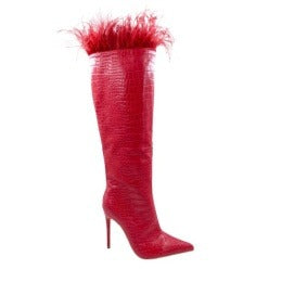Berness Essie Red Pointed Toe Heeled Boot With Fur Outline